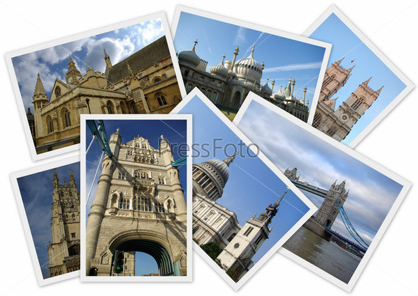 Traveling around England in collage with several shots on white background