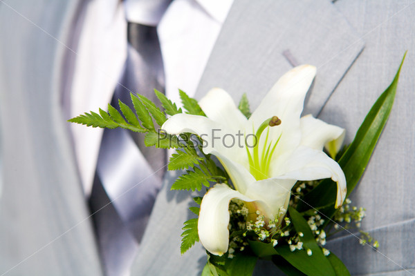 buttonhole with lily detail of groom\'s wedding dressup