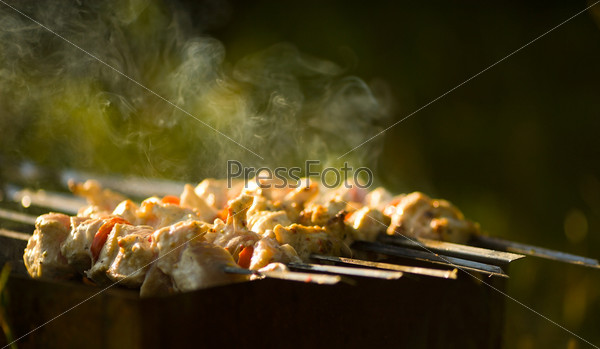 shish kebab in process of cooking on open fire outdoors