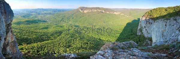 Spring Crimea Mountain rocky view with valley and Sokolinoje Village (Ukraine). Great Crimean Canyon environs. Seven shots stitch image.