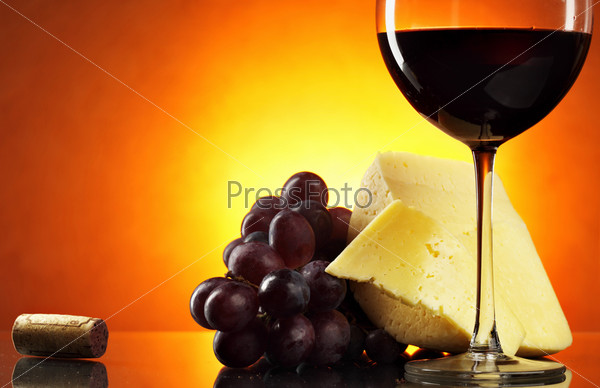 Still-life with grapes, cheese and red wine