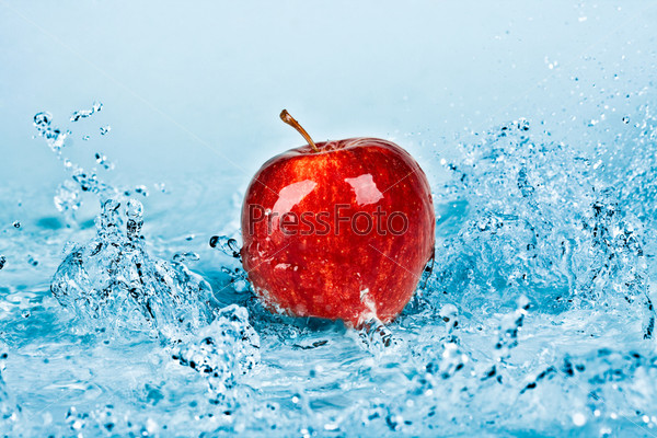 Fresh water splash on red apple, stock photo