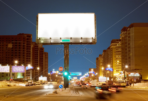White big empty billboard on night street