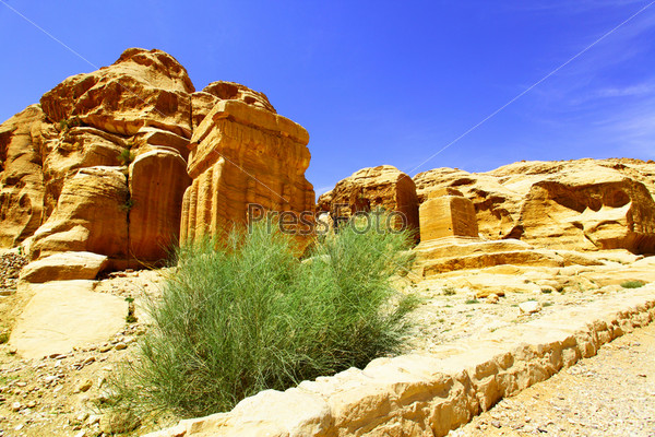 Ancient nabataean buildings at Petra town, Jordan, stock photo