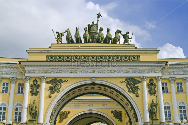 Main Arch of Building of General Army Staff at Palace Square in Saint Petersburg, Russia. Classicism-epoch style.