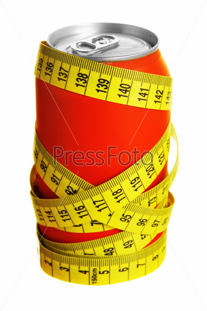 Cola can and measuring tape isolated over white background, stock photo