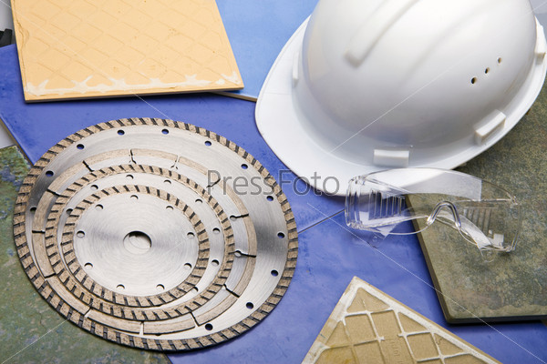Diamond discs for cutting of tile, building goggles and helmet