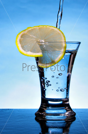 Wineglass of alcoholic beverage with lemon slice