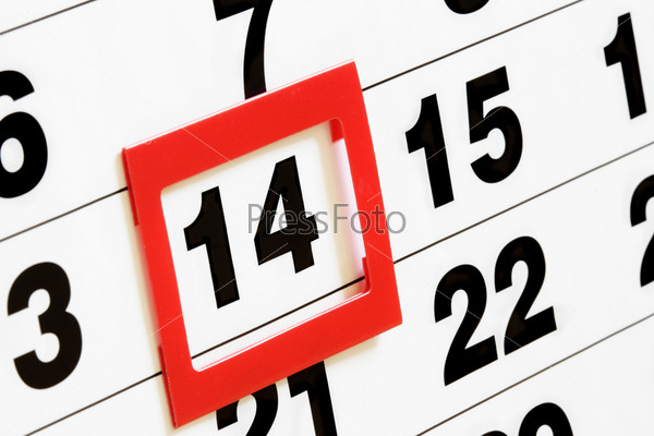 Sheet of wall calendar with red mark on 14 february - Valentines day, stock photo