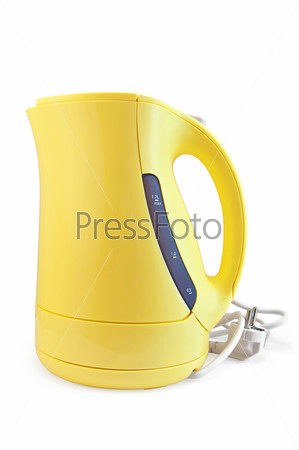 Yellow electric kettle is isolated on a white background