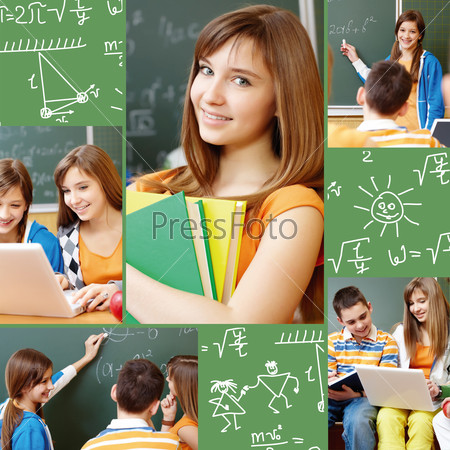 Collage of students working in group at lesson and school symbols, stock photo
