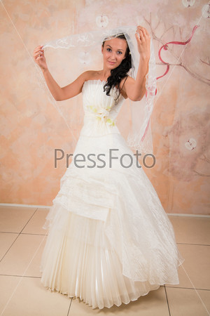 Beautiful shapely bride in an elegant wedding dress on a colored background. Wedding photography.
