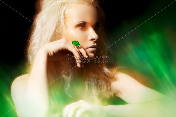 Accessory, jewelry. Rich woman with big jewel ring
