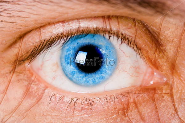 open blue eye men. Close-up with bright light