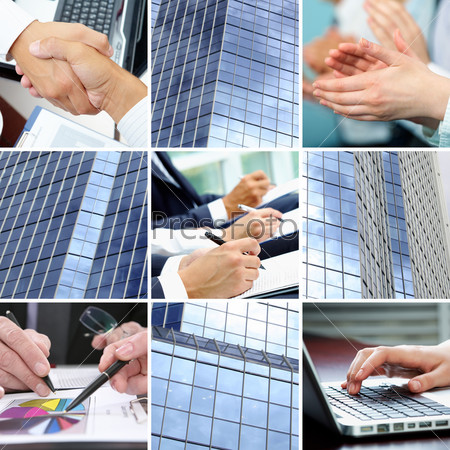 Collage of human hands and office building sides