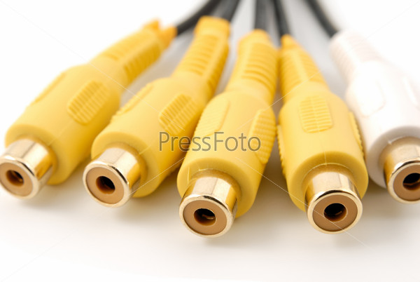 Yellow white RCA audio video plug connectors on a white background