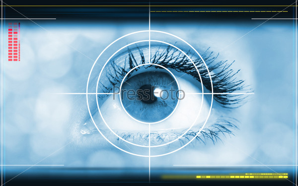 high-tech technology background with targeted eye on computer\
display