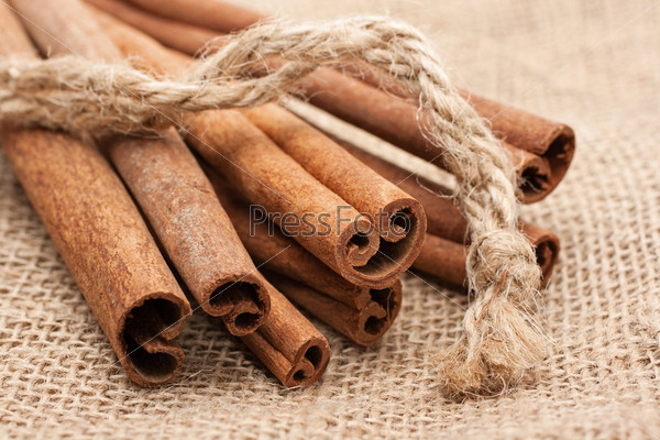 Cinnamon sticks on canvas sack