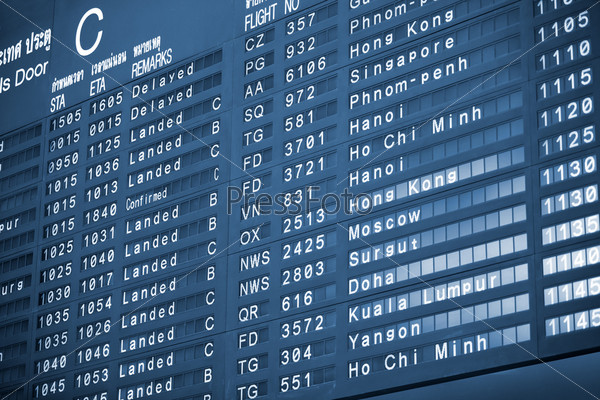 Close up view of airport time-table blue toned