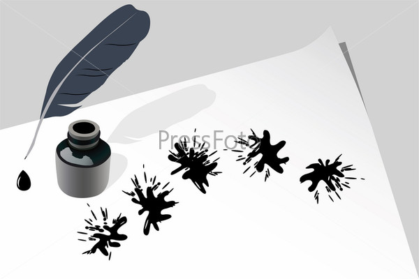 illustration of ink, feather and blots on a paper