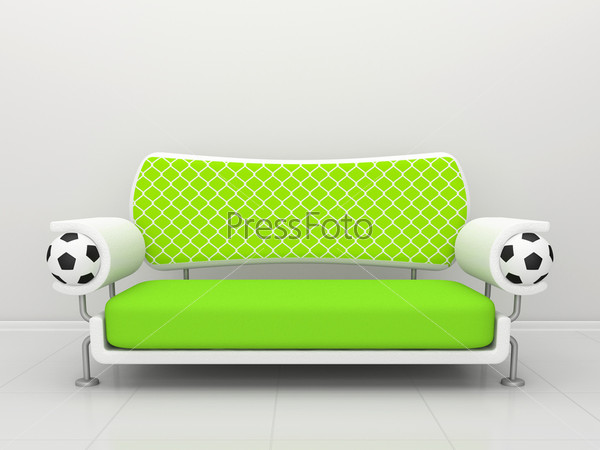 Green sofa with soccer balls and a grid
