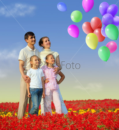 Family of four in red field and balloons collage