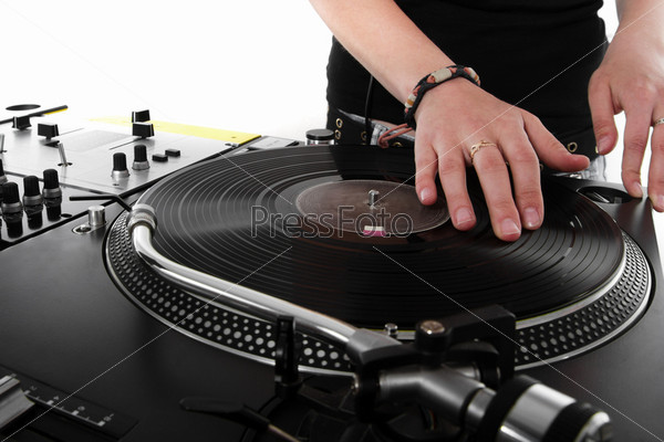 Female DJ scratching the vinyl record - Stock Image - Everypixel