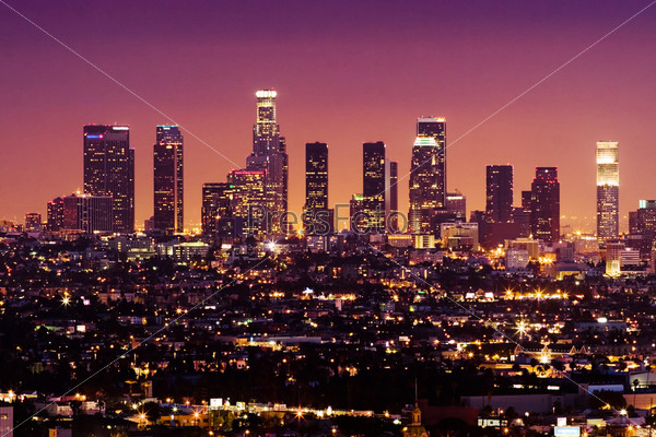 Downtown Los Angeles skyline at night, California, USA