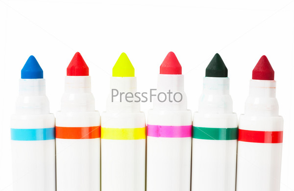 Six colorful markers (blue, red, yellow, green, orange) over white background