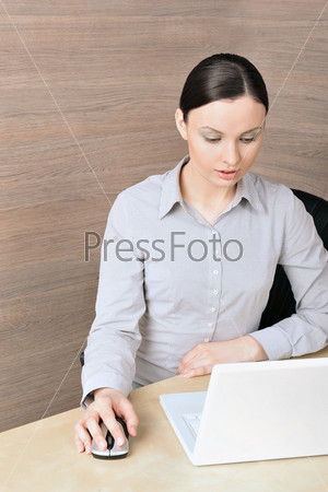 Portrait of a beautiful young businesswoman on the computer, looking at the screen. Office location.