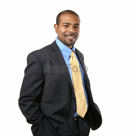 Confident smiling African American businessman isolated over white background
