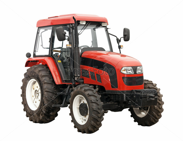 New red tractor over white background. With path.