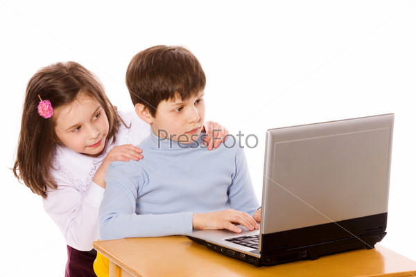Boy and girl Surfing net together isolated on white