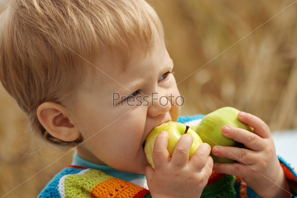 boy with apples/Year-old boy bitten by a green apple