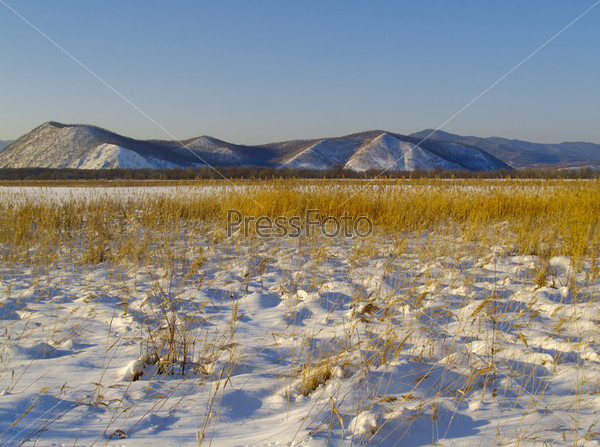 Winter evening in a river Ussuri valley, the Far East, Russia, stock photo
