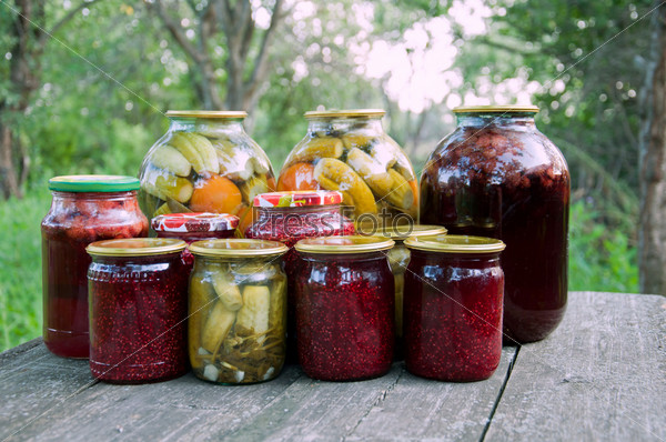 Home canning. Pickled vegetables and jam