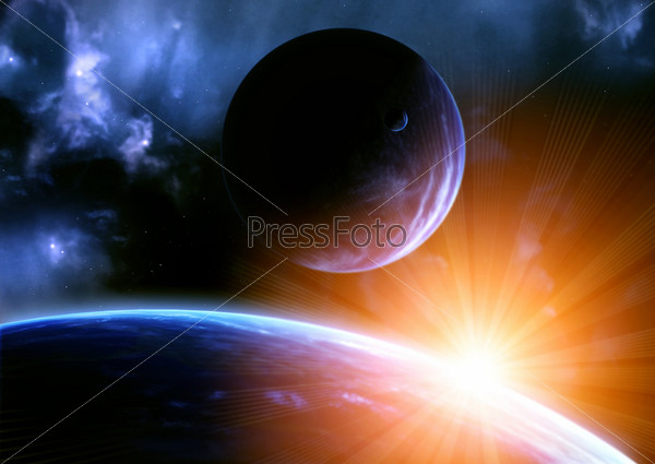 Space flare. A beautiful space scene with planets and nebula