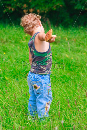 Young boy with mushroom in a meadow