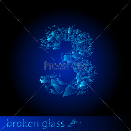 Raster version. One symbol of broken glass - digit three. Illustration on black background