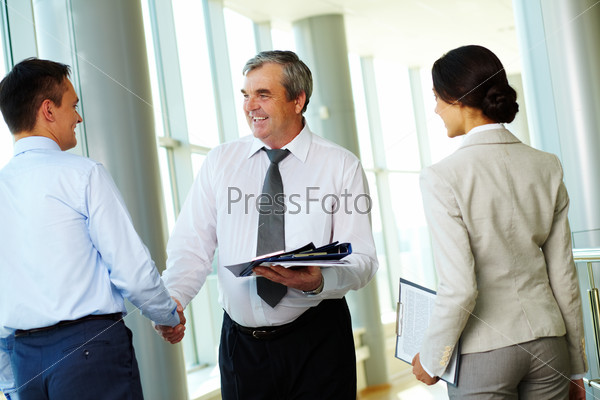 Photo of successful business partners handshaking after striking great deal with young colleague near by