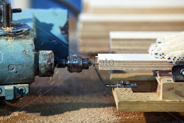 Drilling a plywood at wood factory