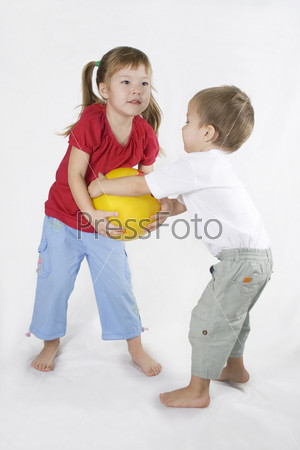 littles girl and Boy Play Ball. Conflict situation.