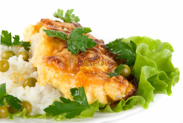 Healthy Tasty Chicken baked with pineapple, cheese dish with rice, vegetables garnish