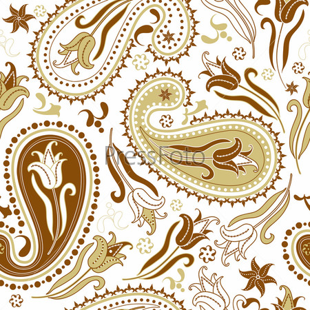 Repeating white and brown floral pattern with paisley and tulips