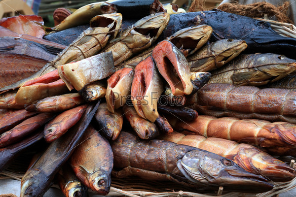 Smoked fish on rural market, stock photo