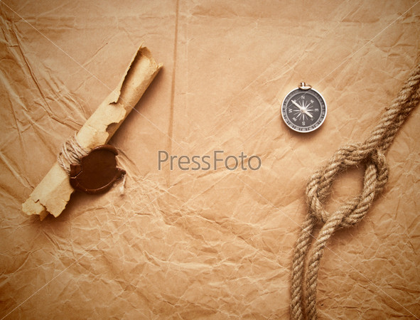 scroll with wax seal and rope on old paper background