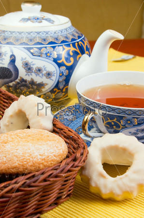 Morning tea with cakes and biscuits, stock photo