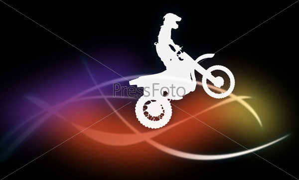 Silhouette of a man on a motorcycle on a dark background on the multicolored lines on a dark background on the multicolored lines