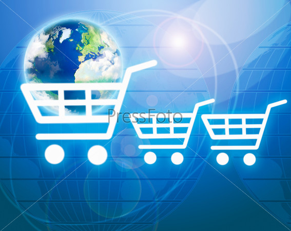 Shopping basket with earth as a symbol of internet commerce, stock photo