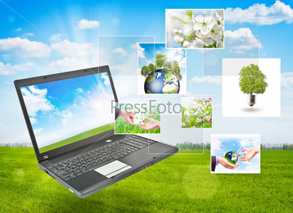 Colorful collage of laptop against green nature background, stock photo